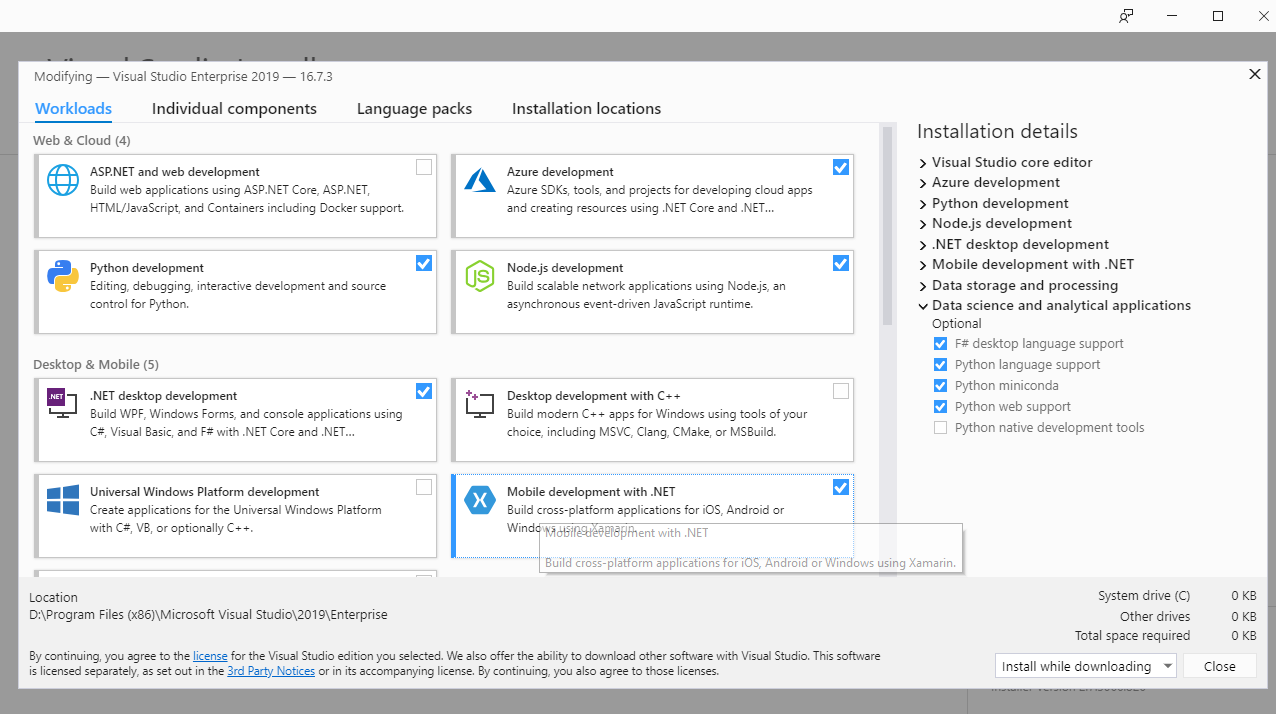 visual studio xamarin install